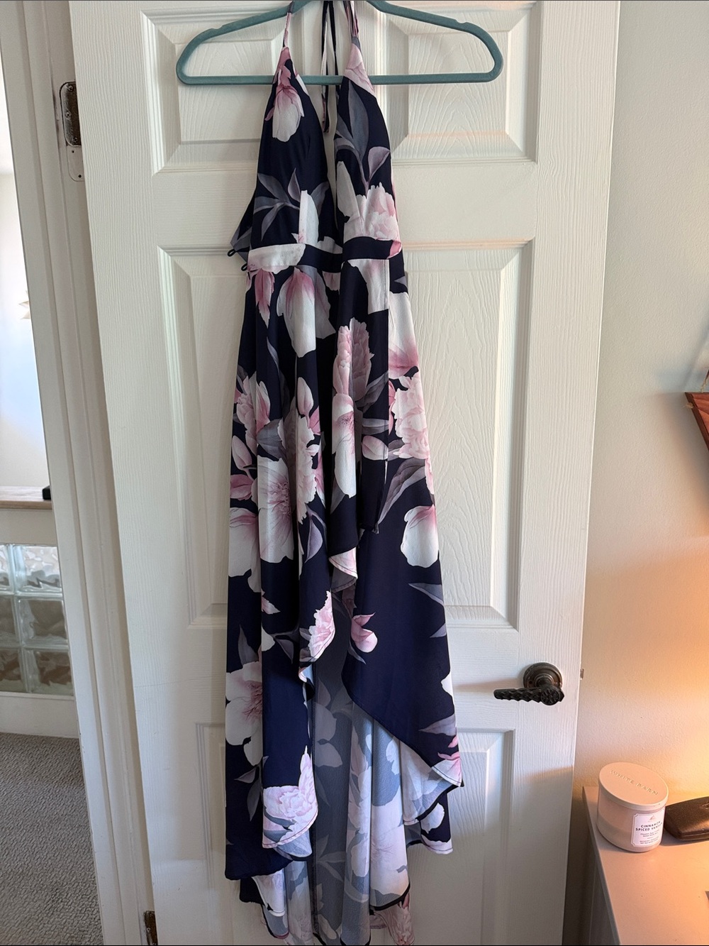 Luxxel Navy Halter Floral High-Low Dress with Pink and White Blooms